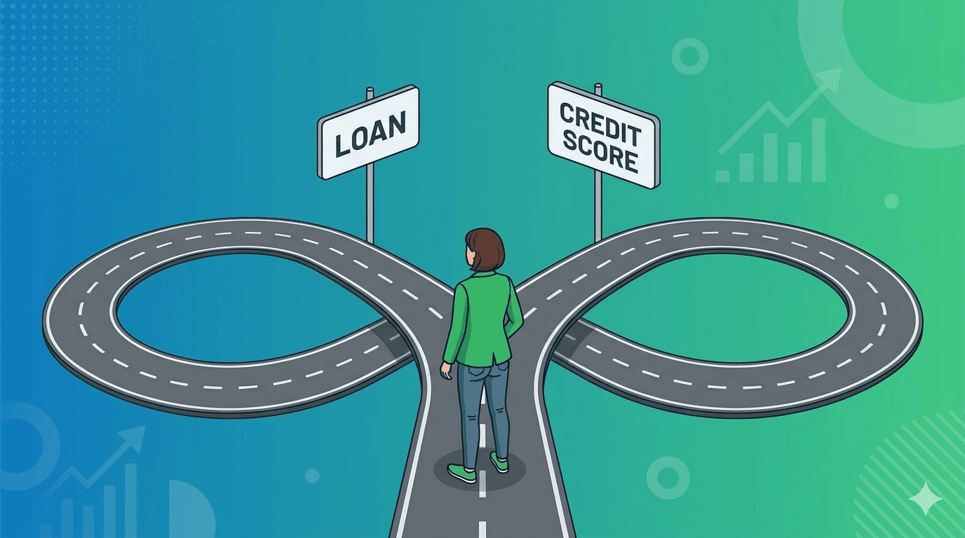 An illustration of a person standing at a crossroads with signs pointing to 'Loan' and 'Credit Score,' representing the Credit Catch-22 dilemma.